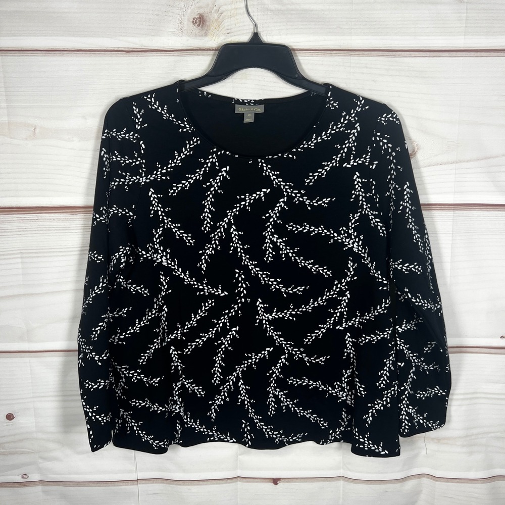 Style & Co Top Womens 2X Black Floral Branch Print Long Sleeve Crew Neck T-Shirt